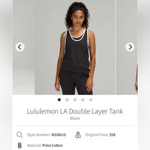 Lululemon LA Double Layer tank, size 10, black with white/cream trim.